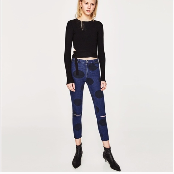 Zara Denim - NWT Zara High Waist Distress Polka Dot Capri Jean